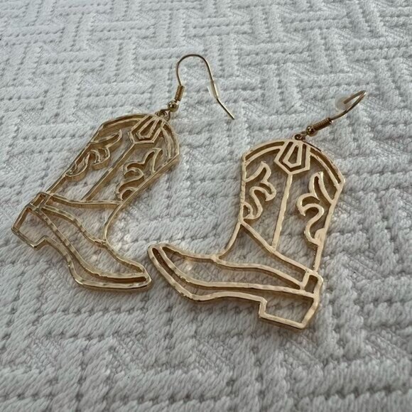 Country Western Gold Tone Shiny Cowboy Boot Earrings Rodeo Cowgirl - Picture 1 of 11
